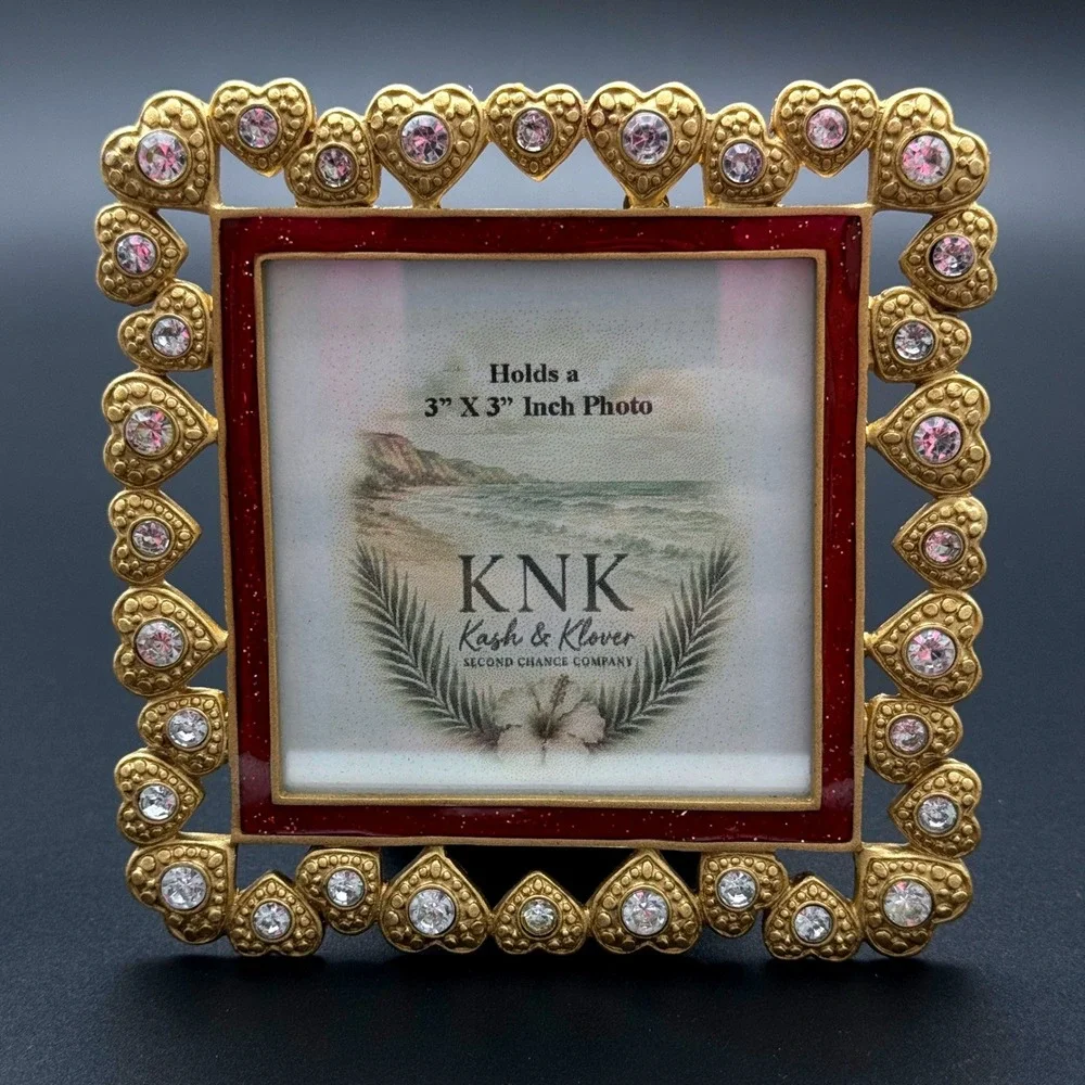 Heart‎ Rhinestone Picture Frame Unisex 3x3 Gold Red Romantic Ornate Coastal Glam